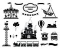 Amusement park silhouette icons set. Carnival funfair and ferris wheel emblem, label, badge. Amuse circus carousel, air balloon