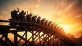 Amusement park silhouette, Loop. Thrilling roller coaster ride. Royalty Free Stock Photo