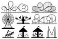 Amusement park silhouette. Roller coaster, festive carnival carousel and ferris wheel vector silhouettes set Royalty Free Stock Photo