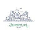 Amusement park thin line vector illustration. Ferris wheel and roller coaster in the park. Outline style vector