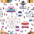 Amusement park with tiny people seamless pattern vector flat illustration. Cartoon man, woman, children and couple at