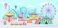 Amusement park, urban landscape with carousels, roller coaster and air balloon. Circus, Fun fair and Carnival theme