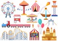 Amusement park vector entertainment icons elements isolated. Colorful cartoon flat ferris wheel, carousel, circus and Royalty Free Stock Photo