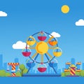 Amusement park vector illustration. Summer fairground carousels on sunny day in city park. Fun activity for families