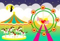 Amusement park wedding backdrop with carousel and ferris wheel and rabbits lover