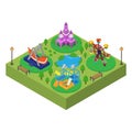 Amusement family outdoor park isometric vector illustration isolated. Princess castle, swing, slide, ferris wheel