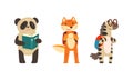Amusing Animals Learning and Reading Books Set, Panda Bear, Fox and Zebra with Backpacks, School Education Concept