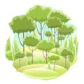 Amusing beautiful forest landscape. Cartoon style. Bushes. Grass hills. Rural natural look. Cool romantic pretty. Flat