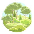 Amusing beautiful forest landscape. Cartoon style. Grass hills. Rural natural look. Cool romantic pretty. Flat design