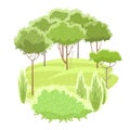 Amusing beautiful forest landscape. Cartoon style. Grass hills. Rural natural look. Wild. Cool romantic pretty. Flat