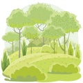 Amusing beautiful forest landscape. Green. Cartoon style. Grass hills. Rural natural look. Cool romantic pretty. Flat