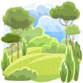 Amusing beautiful forest landscape. Summer rain. Cartoon style. Grass hills. Rural natural look. Cool romantic pretty Royalty Free Stock Photo