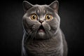 Amusing Cat Portrait on Dark Background, Expressing Surprise. AI