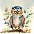 Amusing Graduation Owl Cartoon - Kids\' Storybook Illustration with Muted Watercolor Palette