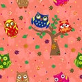 Amusing owls seamless pattern over terracotta