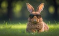 Portrait of a funny brown rabbit wearing sun glasses, blurred green grass background, generative AI