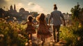 Amusing rear view of the family holding hands and jumping simultaneously, their feet kicked up in air. coordinated jumps playful