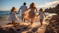 Amusing rear view of the family holding hands and jumping simultaneously, their feet kicked up in air. coordinated jumps playful