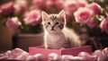 An amusing scene where a sleepy kitten is the inside a surprise box of pink roses,