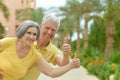 Amusing smiling senior couple with thumbs up