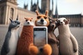 Funny animals taking selfie with smartphone