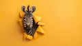 Amusing zebra peers through ripped hole against vibrant paper backdrop. Ai Generated