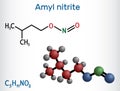 Amyl nitrite, isoamyl nitrite, isopentyl nitrite, molecule. It is popper, antihypertensive medicine. Structural chemical formula,