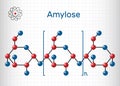 Amylose molecule. It is a polysaccharide and one of the two components of starch. Structural chemical formula and molecule model.