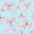 Axolotl mexican salamander seamless pattern in pink and blue with air bubbles