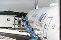 August 18, 2017: Narita International Airport, Tokyo, Japan-Frieght doors open with freight being loaded on All Nipon jetlin