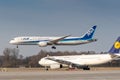 ANA All Nippon Airways Boeing 787-9 Dreamliner with the aircraft registration JA836A in the approach to the northern runway 26R of Royalty Free Stock Photo