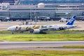 ANA All Nippon Airways Boeing 777-300ER airplane at Tokyo Haneda Airport in Japan Pokemon Eevee special livery Royalty Free Stock Photo