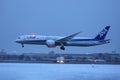 Ana All Nippon Airways plane landing on snow, night view Royalty Free Stock Photo