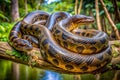 Anaconda coiled on branch over stream in rainforest Royalty Free Stock Photo