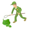 Anaconda icon isometric vector. Young man in uniform near green anaconda icon