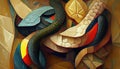 Anaconda in the picture. Associative painting. Painting in the style of cubism. Imitation of oil painting. AI-generated