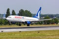 AnadoluJet Boeing 737-800 airplane Brussels airport in Belgium Royalty Free Stock Photo