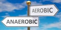 Anaerobic and aerobic as different choices in life - pictured as words Anaerobic, aerobic on road signs pointing at opposite ways