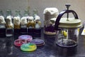 Anaerobic gas jar along with culture plates containing culture media placed on desk of a microbiology laboratory