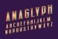 Anaglyph alphabet. Golden cyan red vibrant font. Isolated english alphabet