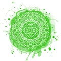 Anahata chakra. Watercolor blot. Hand drawn sloppy vector art. Om sign. Green circle. Sacral icon. Meditation Royalty Free Stock Photo