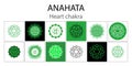 Anahata icon set. The fourth heart chakra. Vector green gloss and shine. One line symbol. Outline sacral sign collection.