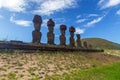 Anakena Beach and Moai Sculptures with Blue Skyline, Easter Island Isla De Pascue