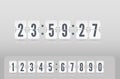 Analog airport board countdown timer. Vector vintage flip clock time counter. Floating white scoreboard number font.