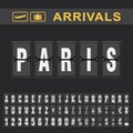 Analog airport flip board displays flight info of arrivals destination in Paris