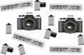 Analog camera, 35mm film roll and black and white negative Royalty Free Stock Photo