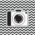 Analog camera sticker on pop art zig zag linear monochrome background