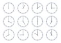 Analog circle clock show time every hour icon. Flat watch face with 12 oclock, timer animation. Wall clocks one to Royalty Free Stock Photo