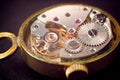 Analog clock metal mechanism close up