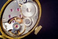 Analog clock metal mechanism close up